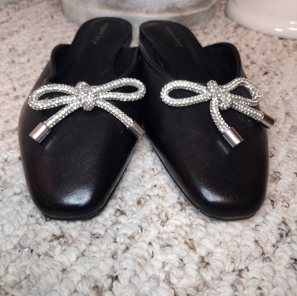 Copper Key Glimmer Black Leather Slip-On Mules with Rhinestone Bow Accent - Picture 4 of 8